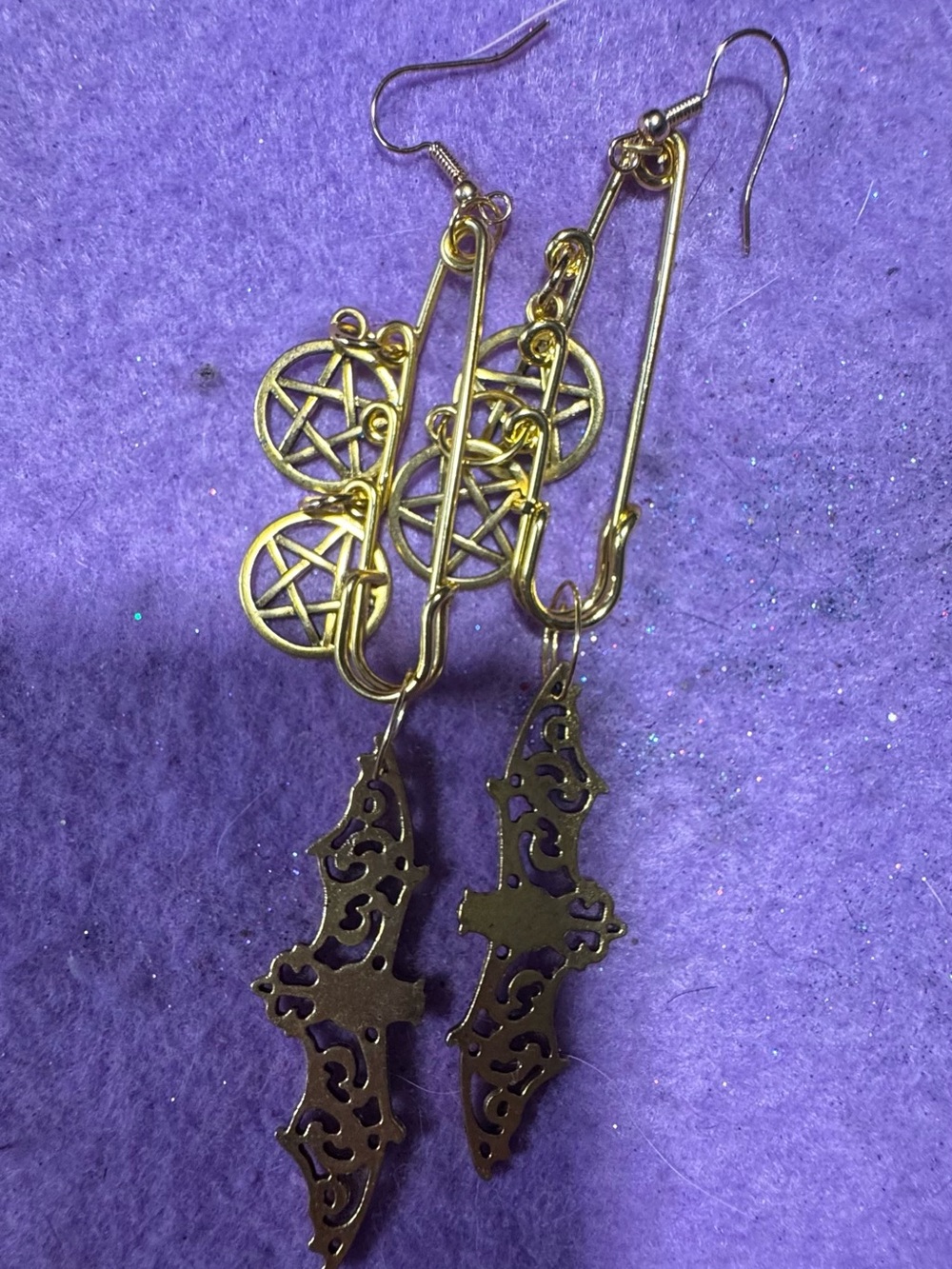 Gold Wiccan star Safety Pin Drop Earrings with bat charms